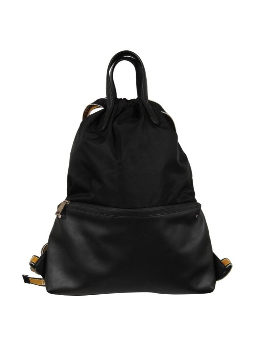 Fendi Nylon Vitello Backpack Black Leather Drawstring Logo Yellow White Straps